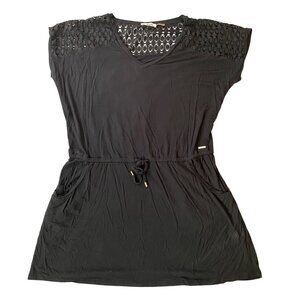 Calvin Klein Black Crochet Yoke Dress Cover Up Drawstring Waist L/XL